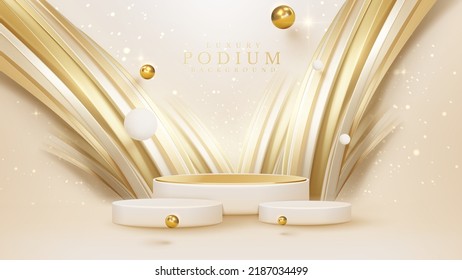 Product display podium with golden curve line element and ball decoration and glitter light effect.