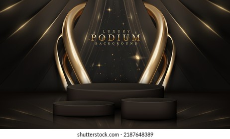 Product display podium with golden curve line decoration and glitter light effect elements and star. Black luxury background.