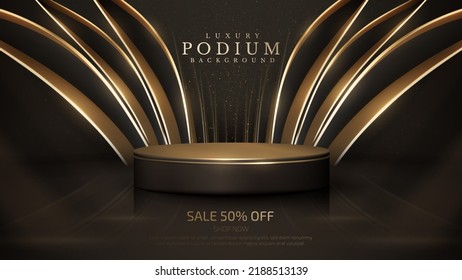 Product display podium with golden curve line decoration and glitter light effect elements and star. Black luxury background.