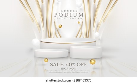 Product Display Podium With Golden Curve Line Elements And Ball With Glitter Light Effect Decoration. White Luxury Background.