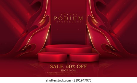 Product Display Podium With Golden Curve Line Elements And Fire Pattern With Glitter Light Effect Decoration. Red Luxury Background.