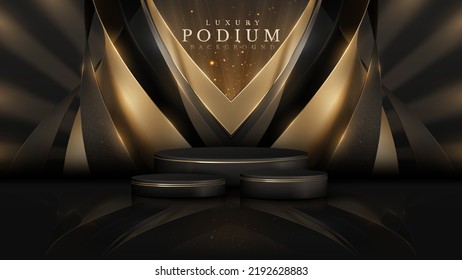 Product display podium and golden curve line decoration   glitter light effect elements   star  Black luxury background 