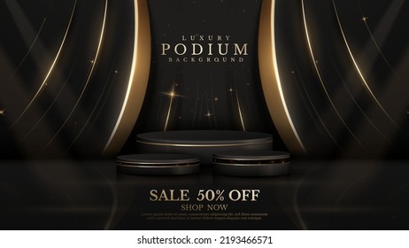 Product display podium and golden curve line decoration   glitter light effect elements   star  Black luxury background 