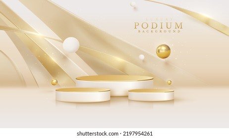 Product display podium with golden curve line element and ball decoration and glitter light effect.