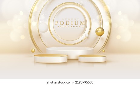 Product Display Podium With Golden Curve Line Element And Ball Decoration And Glitter Light Effect.