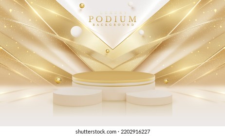 Product display podium with golden curve line element and ball decoration and glitter light effect. Vector illustration.