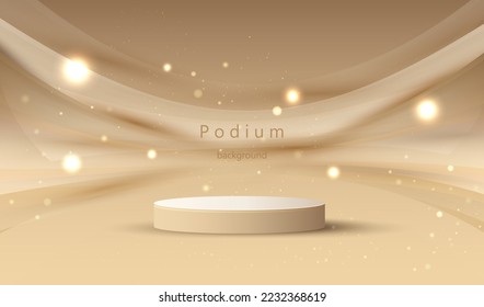 Product display podium with golden curve line element decoration and glitter light effect vector background.