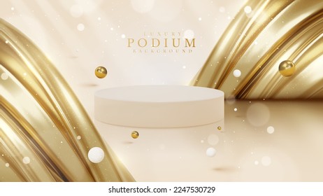 Product display podium with golden curve line element and ball decoration and glitter light effect.