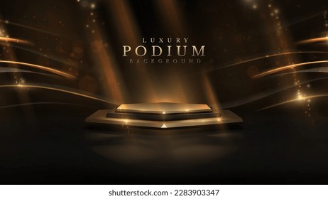 Product display podium with golden curve line decoration and gold light effect elements and star with bokeh. Black luxury style background.