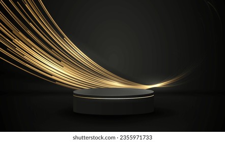 Product display podium with golden curve lines. Decoration and glitter light effect elements in empty studio. Black luxury geometric background.