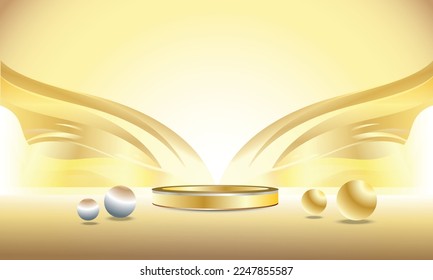 Product display podium with golden curved lines on luxury background free space for placing products