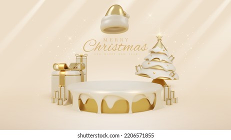 Product display podium with golden santa claus hat element and christmas tree with ball and gift box decoration and glitter light effect with stars. Vector illustration.