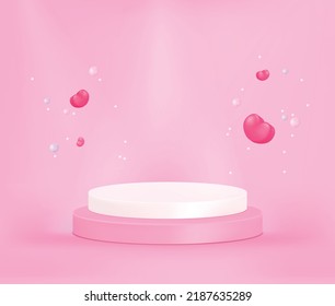 Product display podium with hearts and pearls on pink background, 3D rendering podium. Vector Pink pastel podium minimal style.