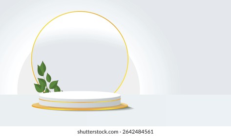 Product display podium, mockup and ribbon, circle in the middle on solid color background, Vector in 3D illustration