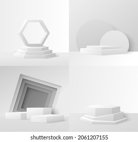 Product display podium mockup set, vector isolated illustration. Realistic white empty stage, platform in various geometric shapes. Studio background.