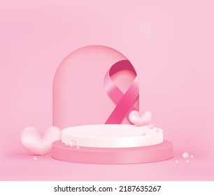 Muestra de producto podio con perlas y cinta rosada para la toma de conciencia del cáncer de mama en el fondo rosado, podio de representación 3D. Vector Pink podio pastel de estilo minimalista.