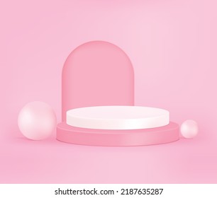 Product display podium with pearls on pink background, 3D rendering podium. Vector Pink pastel podium minimal style.