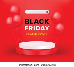 Product display podium with red balloon on Black friday promotion sale background, 3D rendering red podium. Vector podium minimal style.