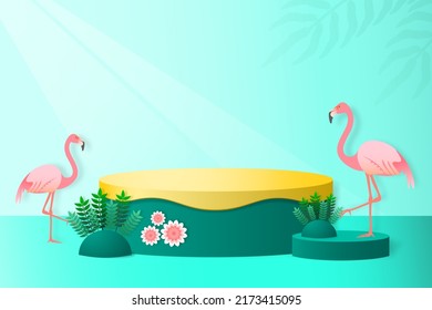 Product display podium scene with flamingo bird and green palm leaf geometric platform, Summer online sale marketing background with stand for advertising promotion, Fashion and show cosmetic studio.