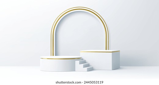 Product display podium stage with golden arch and stair. Realistic 3d vector round and rectangular platforms or pedestals with gold arc. Studio background mockup for cosmetics products presentation