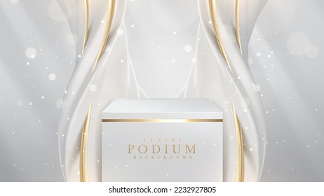 Product display podium with white liquid element with golden curve lines decoration and glitter light effect. Realistic luxury style design. Vector illustration.