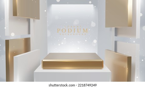 Muestra de producto podio con elementos de forma geométrica cuadrada blanca y dorado con decoración de boquilla y efecto luminoso. Diseño de estilo de lujo realista. Ilustración vectorial.