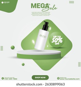 Product display presentation design template. Social media product sale advertisement, empty podium design with green color. Modern product showcase vector. 3D cylinder podium. 