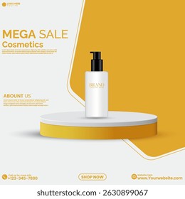 Entwurfsvorlage für Produktpräsentation. Werbung für Social Media-Produkte, leeres Podiumdesign mit orangefarbener Farbe. Moderne Produkt-Vitrine Vektor. 3D-Zylinderpodium. 