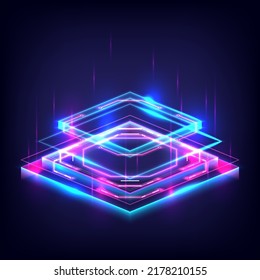 Product display and presentation. Futuristic sci-fi technology cyberpunk platform pedestal cyber. Square podium. Blue and pink hologram neon lightings. Magic violet gate in game fantasy