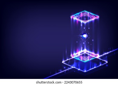 Product display and presentation. Futuristic technology cyberpunk platform pedestal cyber. Square podium. Holographic neon lightings. Magic gate in game fantasy. Lab capsule. Neon lines with Database