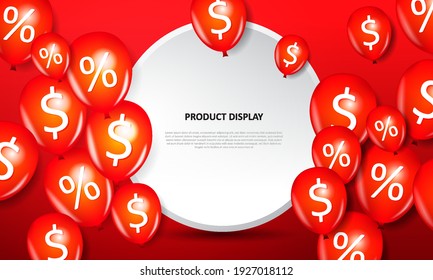 Pantalla de producto en fondo rojo con globo realista. Plantilla de diseño para promoción, publicidad, banner, afiche. Ilustración del vector
