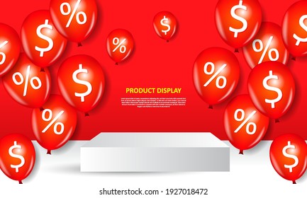 Product display in red background with realistic balloon. Design template for promo, advertising, banner, poster. Vector illustration