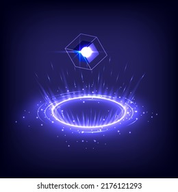 Product display and showing. GUI and UI virtual reality. Portal and hologram science futuristic. Sci-fi luxury in glowing HUD tech projector. Magic gate in game fantasy. Technology teleport podium