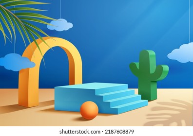 Product display stage background in 3d. Steps podium with cactus, arch and a ball.