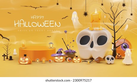 Soporte de visualización de producto con adornos de halloween 3d realistas y decoración de calabaza y fantasma, cráneo, murciélago, araña, escoba, sombrero y telaraña sobre fondo naranja. Ilustración vectorial.