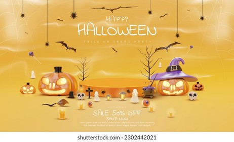 Product display stand with 3d realistic halloween ornaments and pumpkin decorations and ghost, skull, bat, spider, broom, hat and cobweb on orange background. Vector illustration.