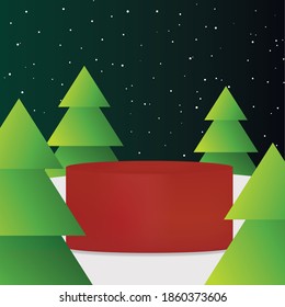 Product display stand in 3d style.geometry podium shape for show cosmetic product display. stage pedestal or platform. winter christmas red background with tree xmas. 