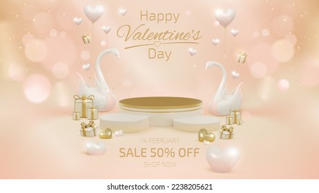 Product display stand with 3d swan love couple elements and gold heart with gift box and pink balloons with ribbon and light effect decoration and bokeh. Valentine's day banner sign.