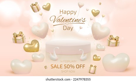 Product display stand with 3d Valentines day ornament. Elegant style discount template background design.
