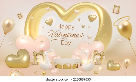 Product display stand with 3d Valentines day ornament. Elegant style discount template background design.