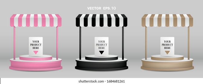 Product display stand with awning 3D illustration vector.