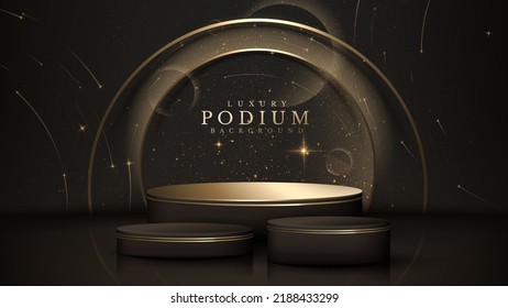 Product display stand and golden curve decoration   starlight effect elements  Black luxury style background 