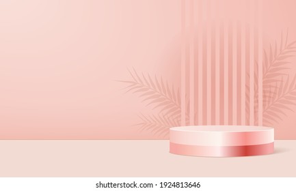 Product display stand in pink pastel background with shadow leaves. Abstract minimal scene to presentation or show cosmetic. Vector realistic podium. 3d render.