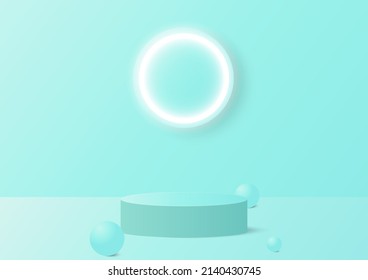 Product Display Stand Stock Vector Background Other interesting pastel green objects with neon lights. Spherical balls are used in presentations in various media.