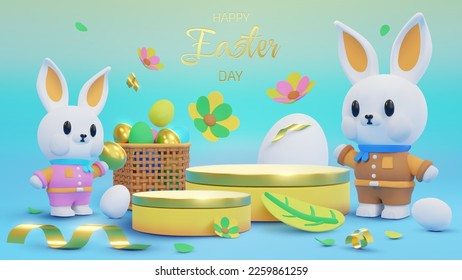 Product display stand and two cute bunnies decorated with colorful eggs placed in baskets and ribbons.