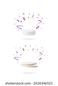 Product display stands 3d vector set collection with abstract colorful shapes and confetti explosion on white background.