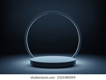 Product display with style and sophistication using this modern luxury concept. A 3D realistic blue podium stand, surrounded by a circle border backdrop, showcases your product in a visually appealing