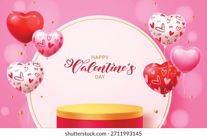 Plantilla de exhibición de Producto con un podio dorado y rosa rodeado de globos de corazón flotantes en 3D y texto de Feliz Día de San Valentín sobre un fondo rosa claro.