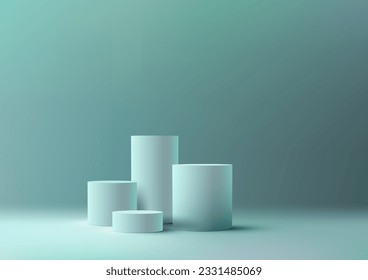 Product display with this clean and minimalistic design on a blue cylinder podium. The 3D realistic vector illustration showcases your items elegantly. Vector illustration