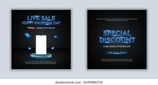 Product Display Vector Template | Social media banners live shopping sale to the next level with this guide to creating eye catching banners using Podium. Blue shine text on black background